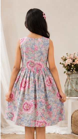 Girls Floral Fit & Flare Dress – Grey Base with Pink Blossom Print