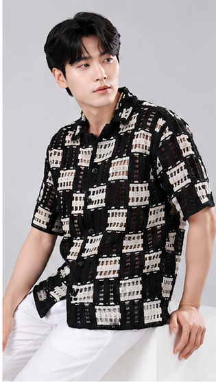 Men's Black & White Geometric Crochet Knit Shirt – Premium Handmade Resort Wear Shirt
