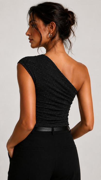 Women’s Premium Black One Shoulder Ruched Top – Slim Fit Party Wear Top