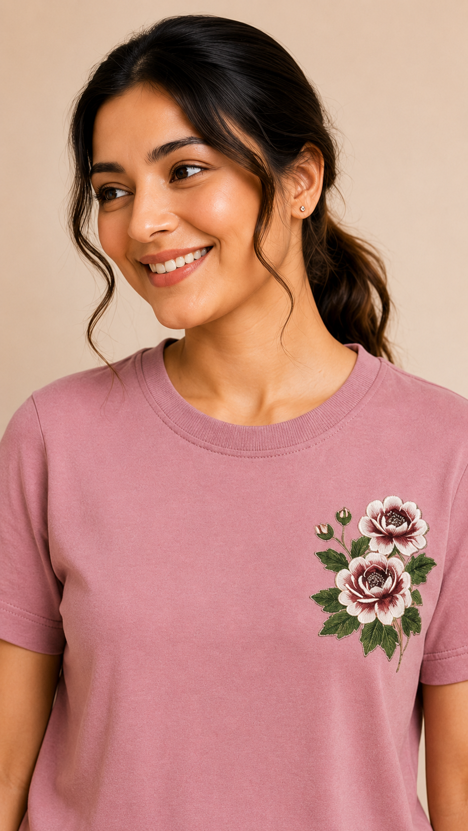 Women’s Dusty Pink Floral Embroidered Co-Ord Set – Casual T-Shirt & Shorts Lounge Wear