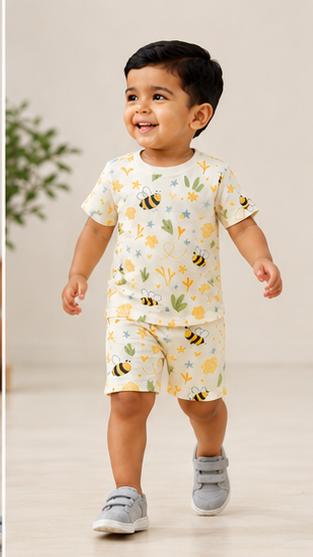 Kids Bee Print Co-ord Set – Cute Summer Cotton T-Shirt & Shorts Set for Boys & Girls