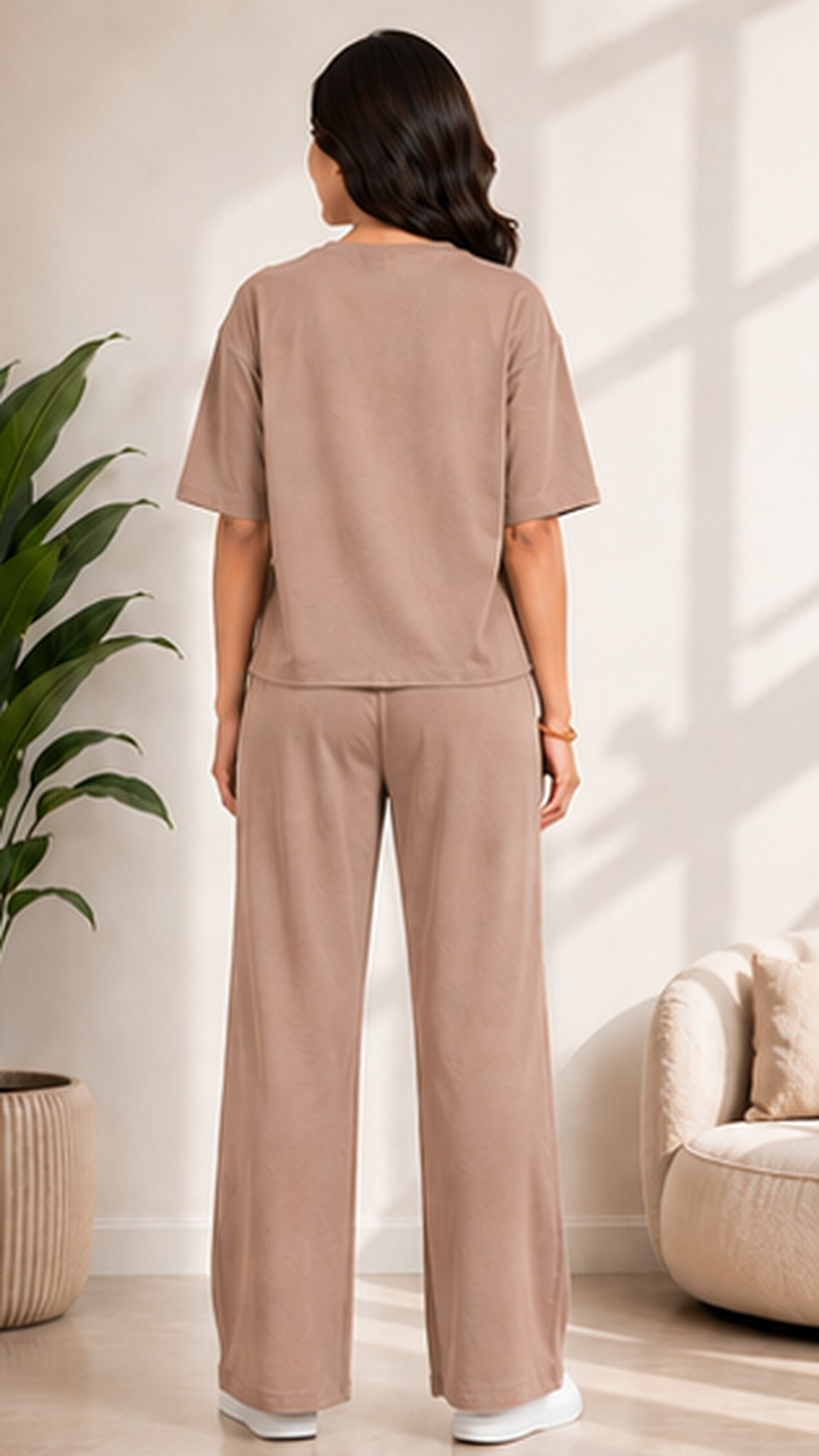 Women’s Beige Co-ord Lounge Set | Relaxed Fit T-Shirt & Wide Leg Pants