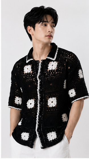 Men's Black Crochet Granny Square Knit Shirt – Handmade Premium Resort Wear Shirt