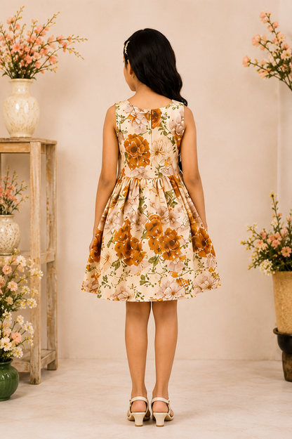 Girls Beige Floral Print Fit & Flare Dress (Sleeveless)