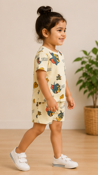 Beige Cartoon Cat & Mouse Kids Co-Ord Set – Cute Character Print T-Shirt & Shorts