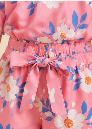 Girls Pink Floral Off-Shoulder Co-Ord Set – Summer Printed Top & Shorts