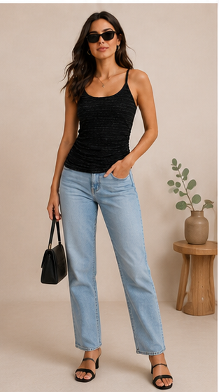 Women’s Premium Black Spaghetti Strap Cami Top – Ruched Slim Fit Sleeveless Top