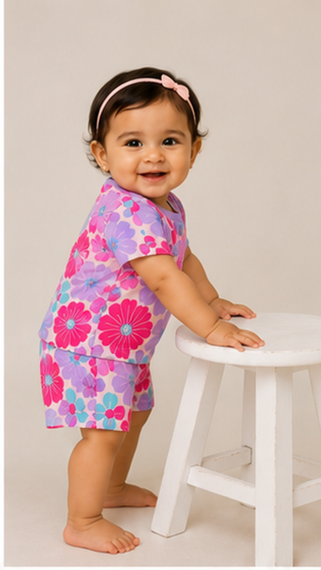 Bold Floral Kids Co-Ord Set – Pink & Purple Flower Printed T-Shirt & Shorts for Girls