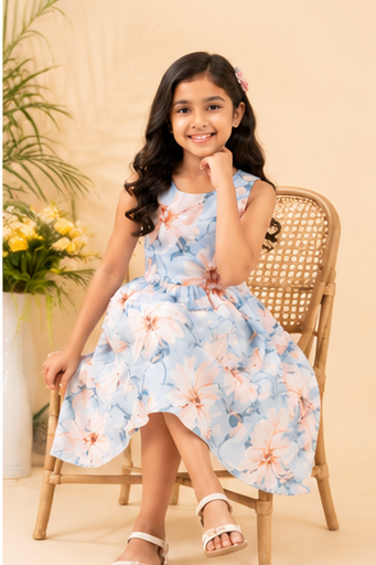 Girls Floral Fit & Flare Dress – Sky Blue with Soft Blossom Print