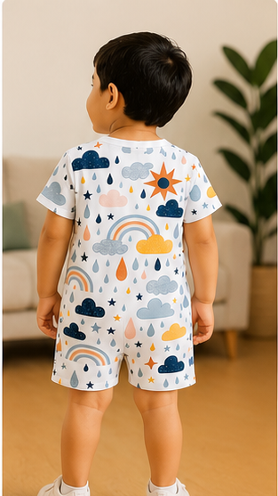 Rainbow Cloud Kids Co-Ord Set – Soft Cotton T-Shirt & Shorts with Weather Print