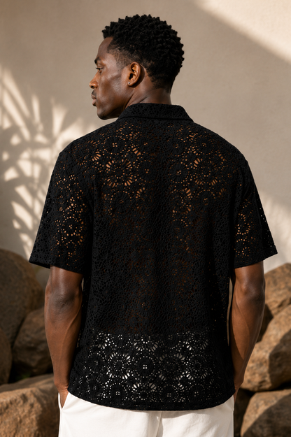 Men's Black Crochet Lace Shirt – Premium Summer Resort Wear Casual Button Down