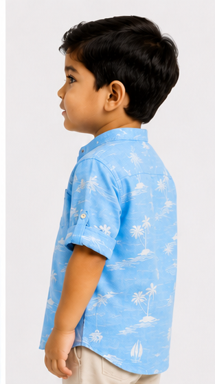 Boys Sky Blue Tropical Print Cotton Short Kurta Shirt – Summer Casual Kidswear