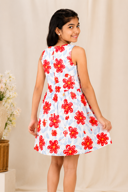 Girls Orange Floral Print Sleeveless Dress – Stylish Cotton Summer Frock for Kids