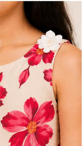 Girls Floral Fit & Flare Dress – Cream Base with Vibrant Pink Blossoms