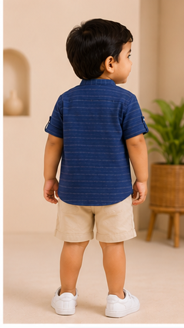 Boys Navy Blue Striped Mandarin Collar Shirt (Full Sleeve)
