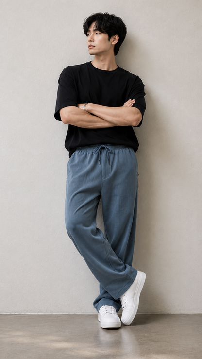 Horcun Men's Steel Blue Pleated Drawstring Trousers | Premium Relaxed Fit Pants
