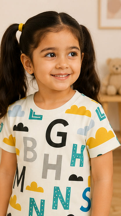 Alphabet Print Kids Co-Ord Set – Educational Cotton T-Shirt & Shorts Set