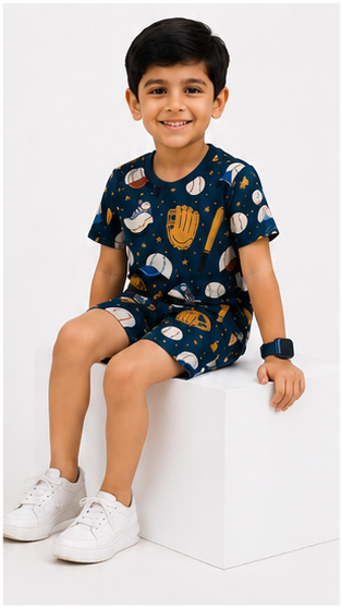 Baseball Sports Print Kids Co-Ord Set – Cotton T-Shirt & Shorts Summer Outfit for Boys