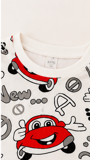 Cartoon Car Print Kids Co-Ord Set – Cotton T-Shirt & Shorts Summer Outfit for Boys