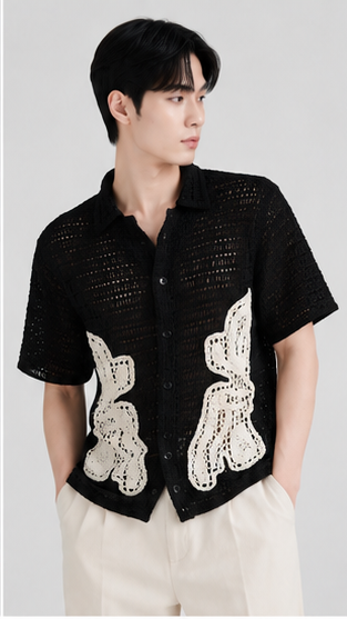 Men's Black Crochet Abstract Floral Shirt – Premium Handmade Open Knit Resort Wear Shirt