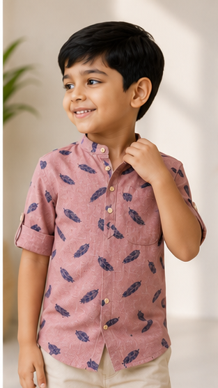 Boys Peach Feather Print Mandarin Collar Shirt (Full Sleeve)