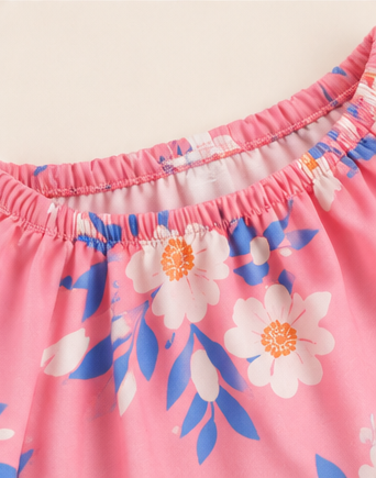 Girls Pink Floral Off-Shoulder Co-Ord Set – Summer Printed Top & Shorts