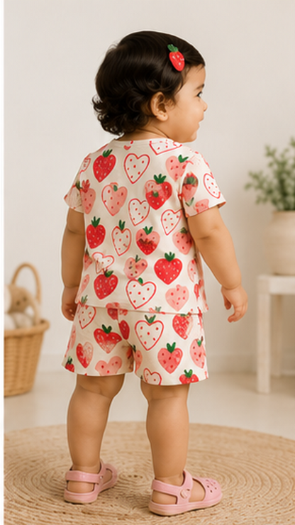 Strawberry Heart Print Kids Co-Ord Set – Cute Cotton T-Shirt & Shorts for Girls