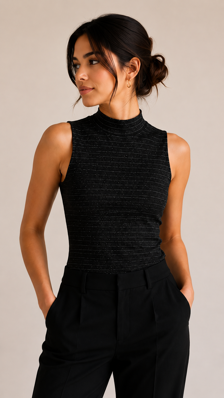 Women’s Premium Black Mock Neck Sleeveless Top – Slim Fit Ribbed Casual Wear