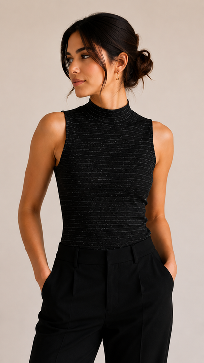 Women’s Premium Black Mock Neck Sleeveless Top – Slim Fit Ribbed Casual Wear