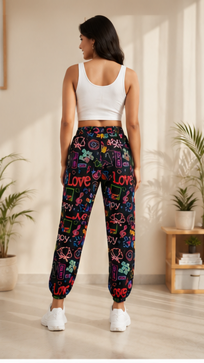Women Black Neon Printed Joggers – Stylish Casual Lounge & Streetwear Pants