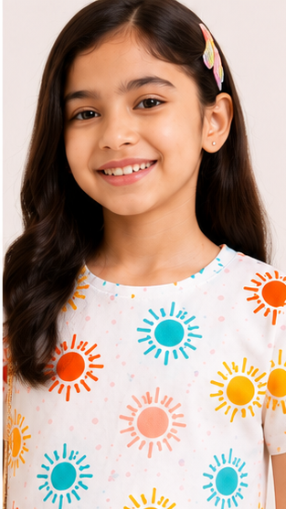 Girls Summer Sun Print Co-Ord Set | Kids Crop Top & Bell Bottom Pants Outfit | Trendy Casual Wear for Girls
