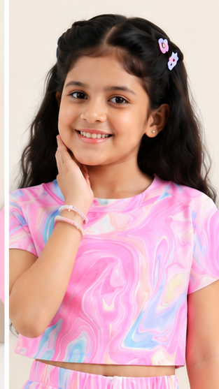 Girls Pink Marble Tie Dye Co-Ord Set | Kids Crop Top & Flared Pants Outfit | Trendy Western Wear for Girls