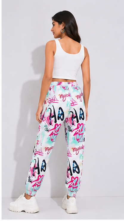 Women White Graffiti Printed Joggers – Stylish Casual Lounge & Streetwear Pants