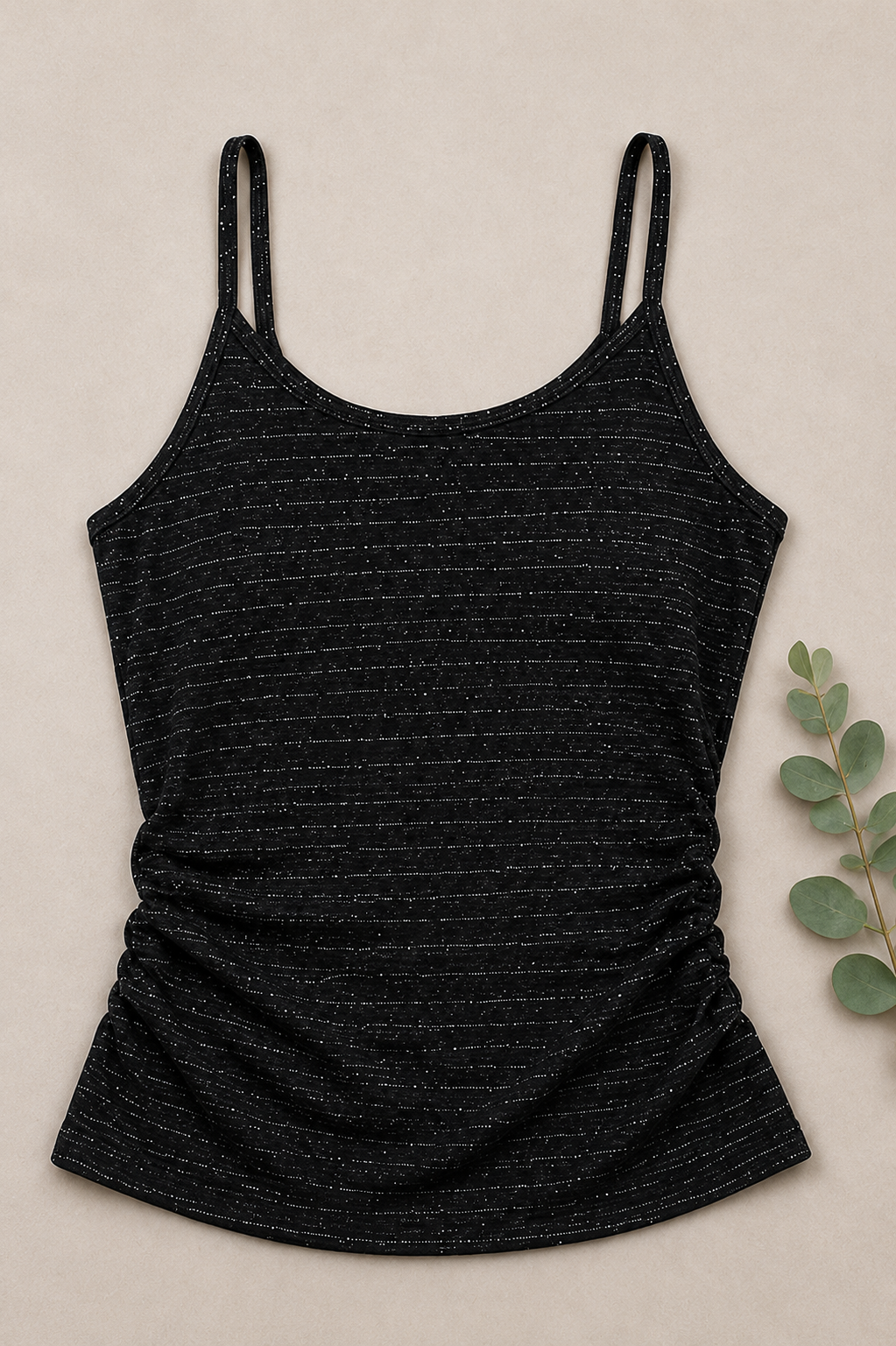 Women’s Premium Black Spaghetti Strap Cami Top – Ruched Slim Fit Sleeveless Top
