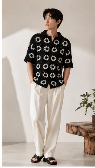 Men's Black Crochet Daisy Knit Shirt – Premium Handmade Floral Open Knit Resort Shirt