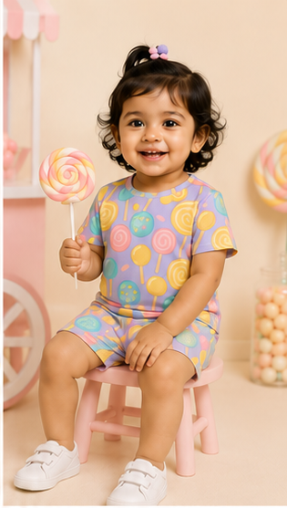 Candy Pop Kids Co-Ord Set – Lollipop Print Cotton T-Shirt & Shorts Set