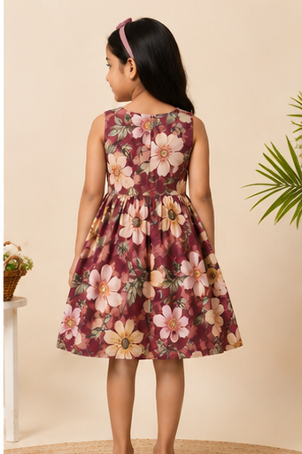 Girls Floral Fit & Flare Dress – Wine Maroon with Vintage Blossom Print