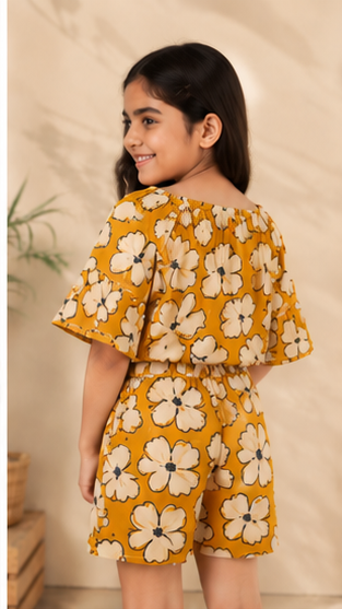 Girls Mustard Floral Off-Shoulder Co-ord Set with Tie-Up Shorts