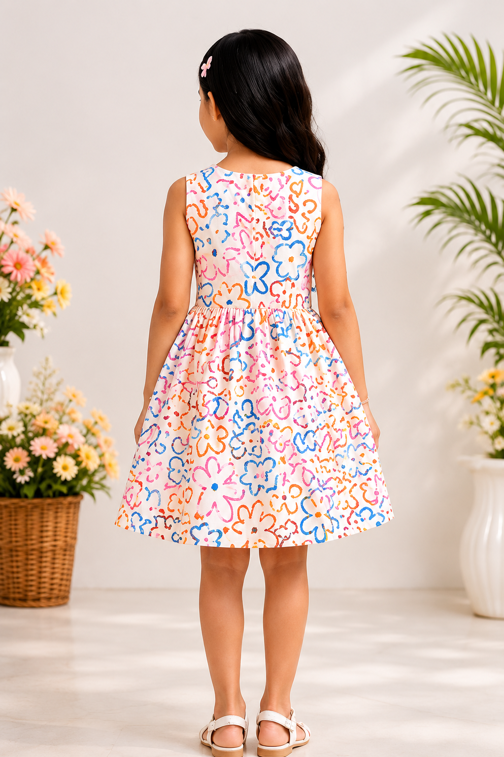 Girls Floral Print Sleeveless Cotton Dress – Soft Summer Casual Party Wear for Kids