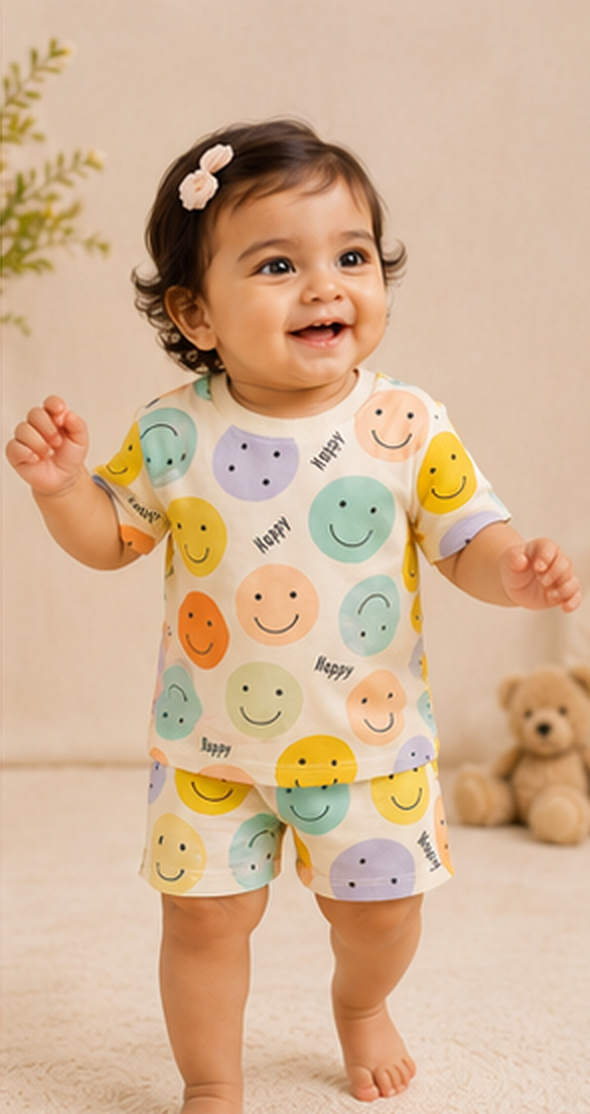Happy Smiley Face Kids Co-Ord Set – Cute Printed Cotton T-Shirt & Shorts Set for Girls