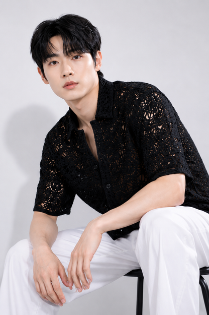 Men's Black Crochet Lace Knit Shirt – Premium Handmade Open Knit Resort Shirt
