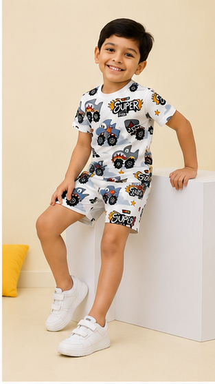 Super Truck Cartoon Print Kids Co-Ord Set – Cotton T-Shirt & Shorts Outfit for Boys