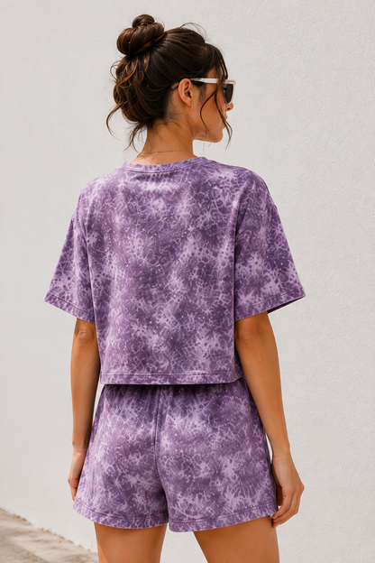 Horcun Women’s Lavender Marble Print Co-Ord Shorts Set | Stylish Casual Two-Piece Outfit