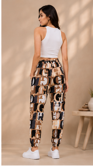 Women Brown Printed Joggers – Trendy Slim Fit Casual Streetwear & Lounge Pants