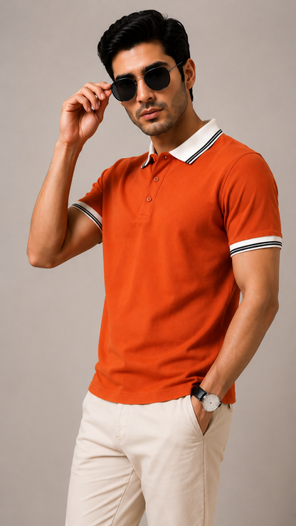 Men’s Premium Rust Orange Polo T-Shirt with White Contrast Collar & Sleeve Stripes
