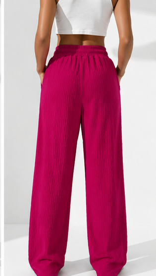 Fuchsia Pink Wide Leg Palazzo Pants for Women | Drawstring Elastic Waist Lounge Trousers