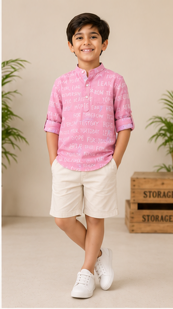 Boys Pink Typography Print Mandarin Collar Shirt (Full Sleeve)