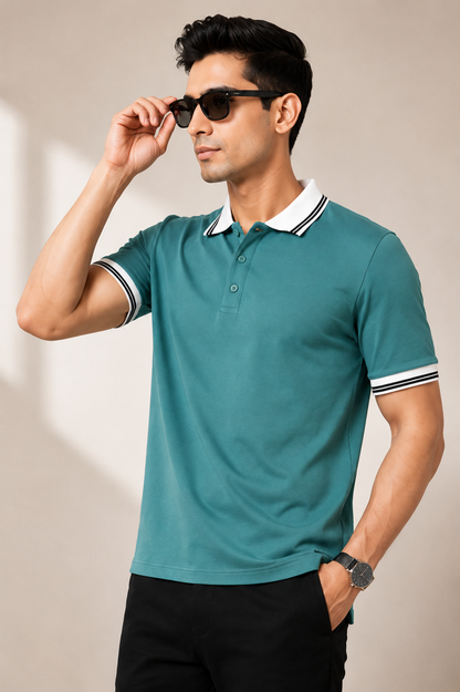 Men’s Premium Aqua Green Polo T-Shirt with White Contrast Collar & Sleeve Stripes