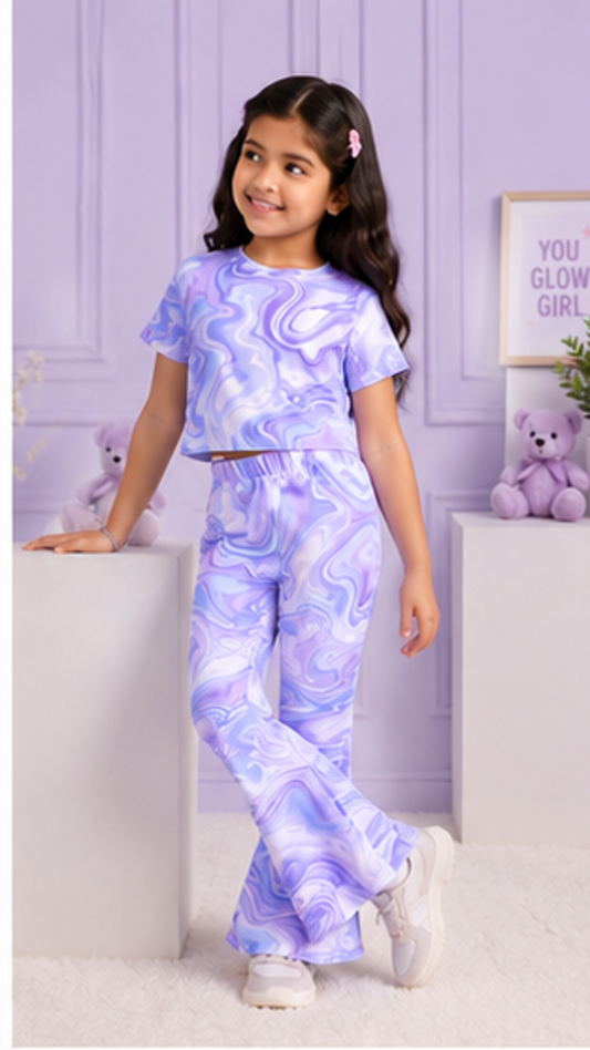 Girls Lilac Marble Co-Ord Set | Kids Crop Top & Flared Pants Outfit | Trendy Casual Wear for Girls