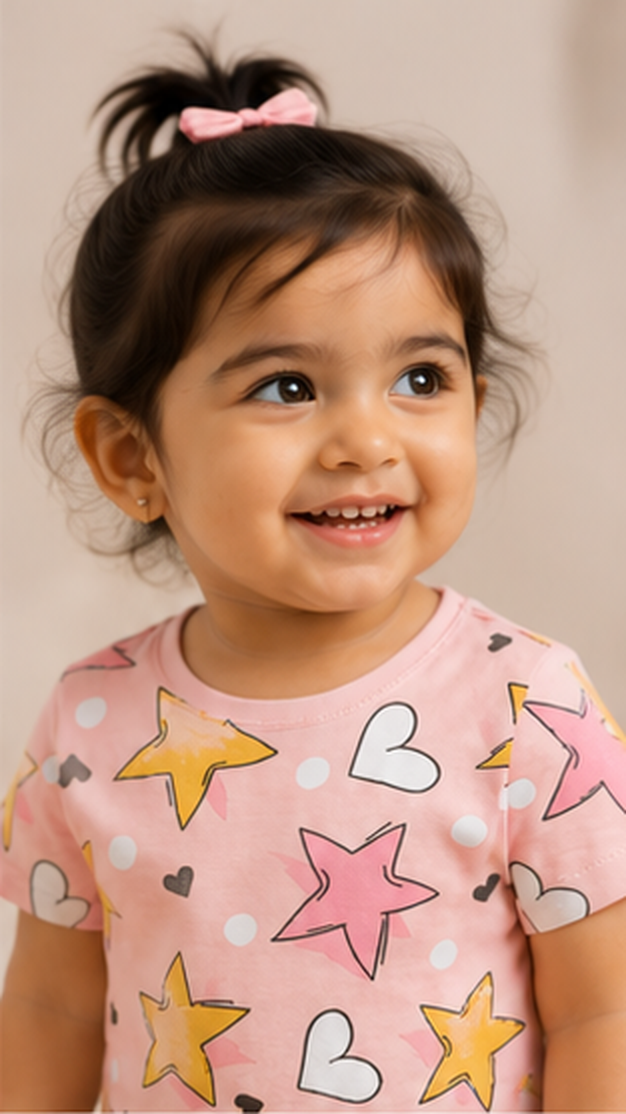 Star & Heart Kids Co-Ord Set – Pink Printed T-Shirt & Shorts for Girls